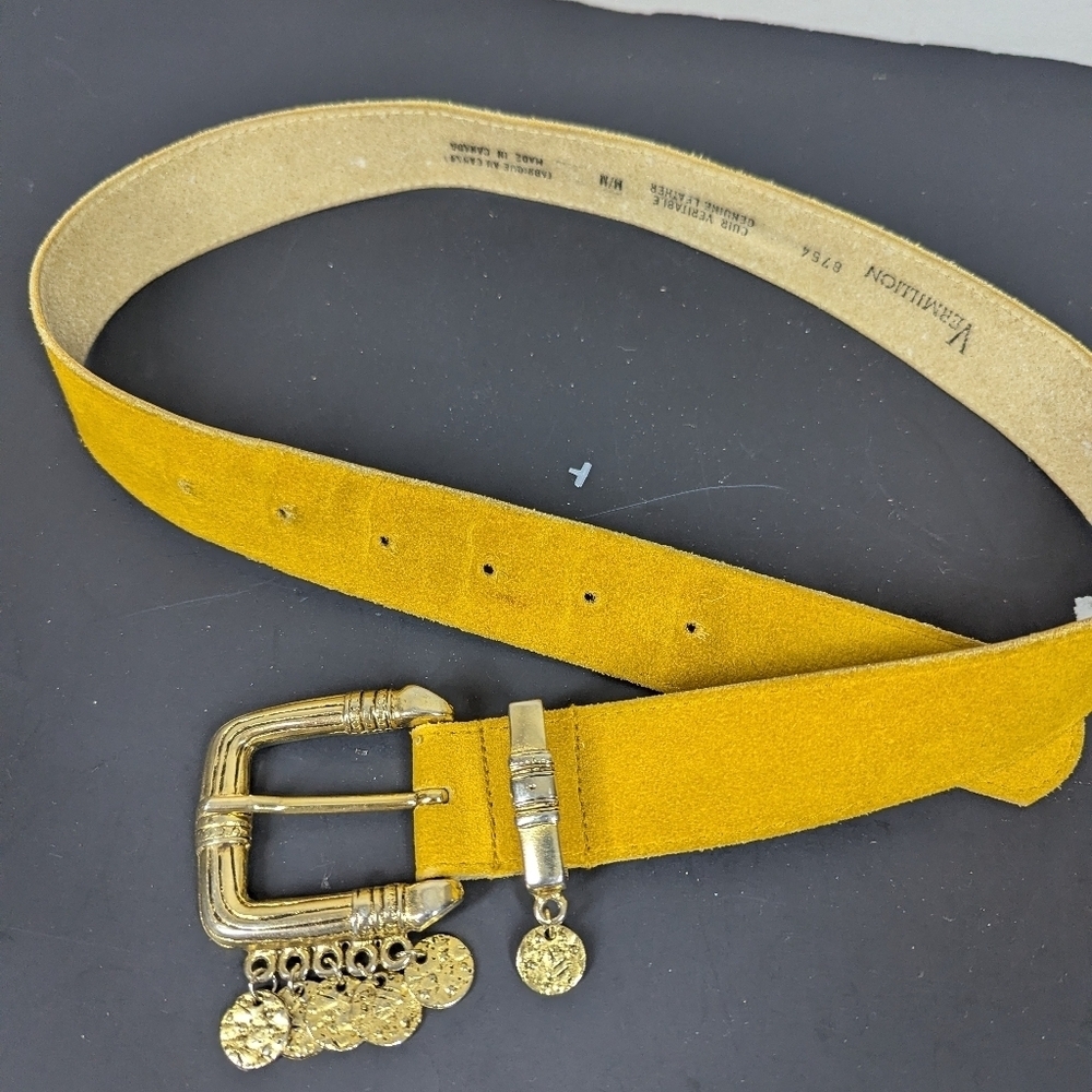 Vintage Vermillion Suede Belt with Gold Coin Charms | Mustard Yellow 26–31"